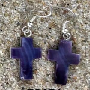 E3151 cross dangle wampum quahog shell earrings sterling silver