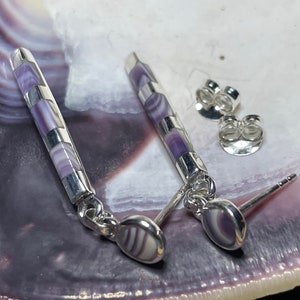E1038 Cylinder wampum quahog shell sterling silver drop earring