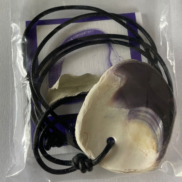 Wampum quahog purple shell black leather chord necklace is with sage and storycard in plastic bag