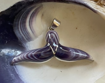 P1002 Whale tail wampum quahog sterling silver large  pendant 2” x 3/4”