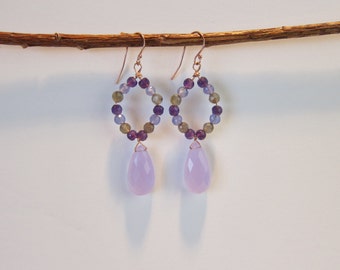 Lilac Chalcedony, Amethyst, Tanzanite and Labradorite 14K Rose Gold Filled Handmade Drop Earrings