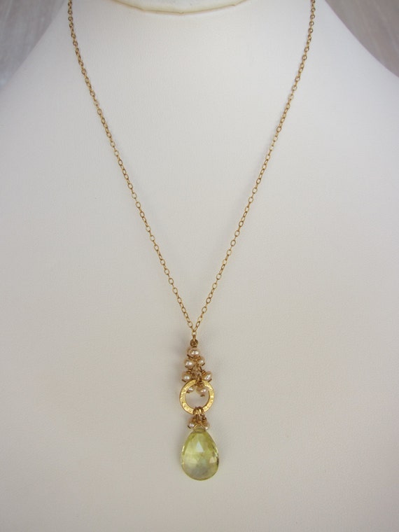 Lemon Quartz Pendant Champagne Pearls Handmade Necklace with | Etsy