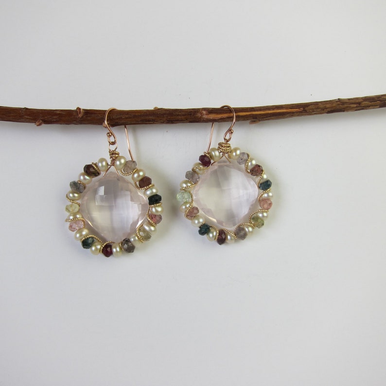 Rose Quartz, Tourmaline and Pearl 14K Rose Gold Filled Handmade Earrings image 3