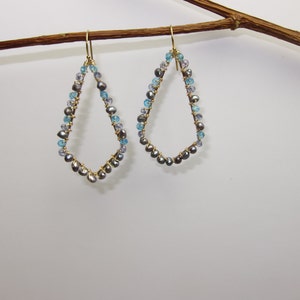 Sky Blue Topaz, Iolite, Grey Pearls, 14K Gold Filled Handmade Gem Wrapped Earrings image 2