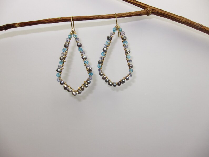 Sky Blue Topaz, Iolite, Grey Pearls, 14K Gold Filled Handmade Gem Wrapped Earrings image 2
