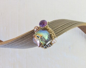 Rainbow Chinese Kasumi Pearl, Purple Amethyst and Pearl 14K Gold Filled Handmade Gem Wrapped Ring