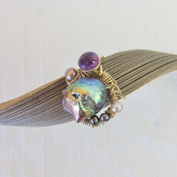 Rainbow Chinese Kasumi Pearl, Purple Amethyst and Pearl 14K Gold Filled Handmade Gem Wrapped Ring