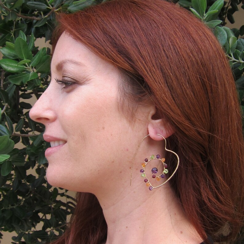 Hessonite Garnet, Pink Garnet, Purple Amethyst and Peridot 14K Gold Filled Heart Shaped Handmade Gem Wrapped Earrings image 1
