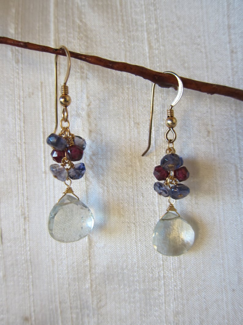 Garnet Green Amethyst Iolite 14K Gold Filled Handmade Earrings