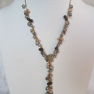 Labradorite, Grey, Pink and White Pearl Handmade Lariat Necklace with 14K Gold Filled Chain