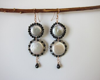 White and Gray Coin Pearls, Black Onyx, Labradorite and Black Spinel 14K Rose Gold Filled Handmade Gem Wrapped Earrings