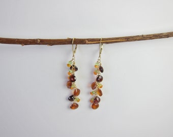 Citrine, Peridot and Carnelian 14K Gold Handmade Earrings