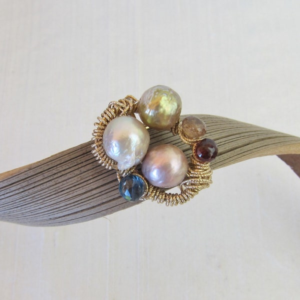 Rainbow, White and Pink Chinese Kasumi Pearls, London Blue Topaz, Pyrope Garnet and Golden Garnet 14K Gold Filled Handmade Gem Wrapped Ring