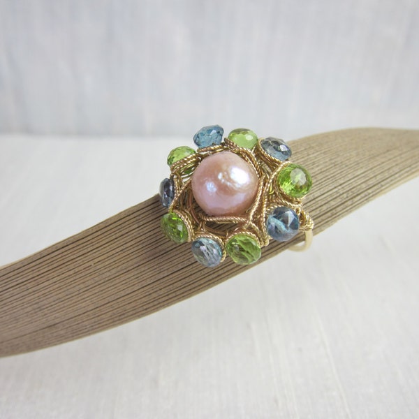 Chinese Kasumi Pearl, Peridot and Mystic Topaz 14K Gold Filled  Handmade Gem Wrapped Ring