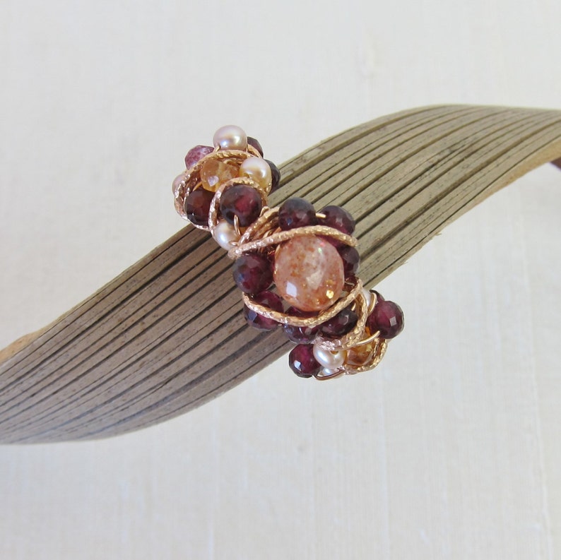 African Sunstone Hessonite Garnet Pink Topaz and Pearl 14K Rose Gold Filled Handmade Gem Wrapped Ring Red Garnet