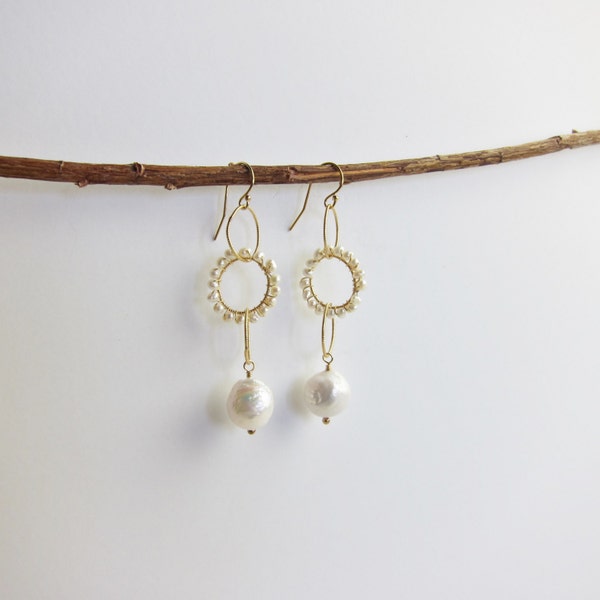 White Chinese Kasumi and Freshwater Pearl 14K Gold Filled Handmade Earrings