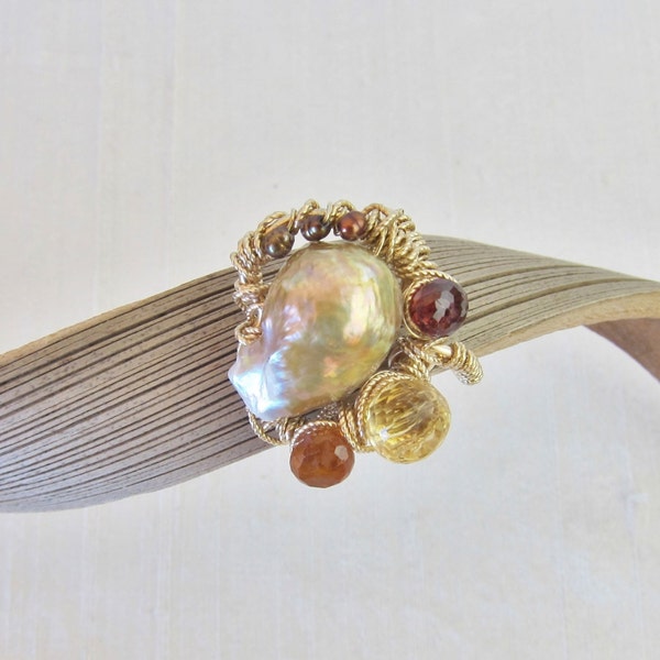 Rainbow Chinese Kasumi Pearl, Citrine, Pyrope and Hessonite Garnet 14K Gold Filled Handmade Gem Wrapped Ring