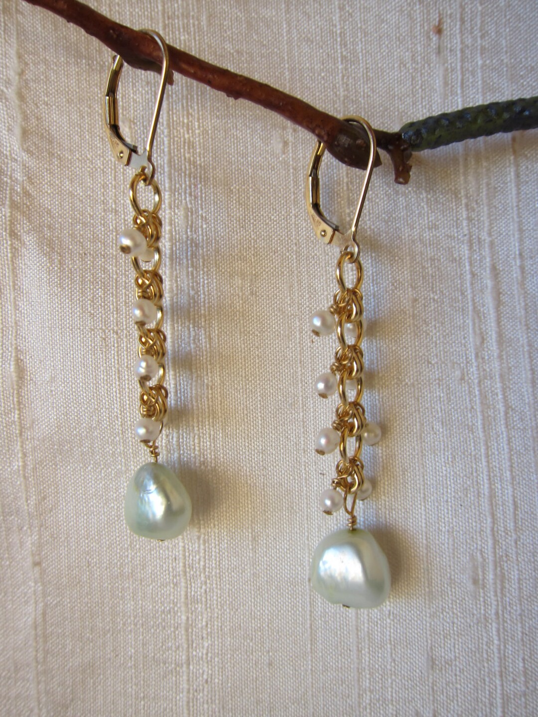 Pastel Green and White Pearl 14K Gold Filled Handmade Earrings - Etsy
