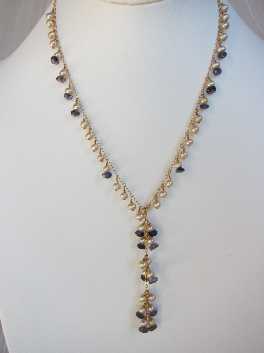 Iolite, Champagne Pearl Handmade Lariat Necklace With 14K Gold Chain ...