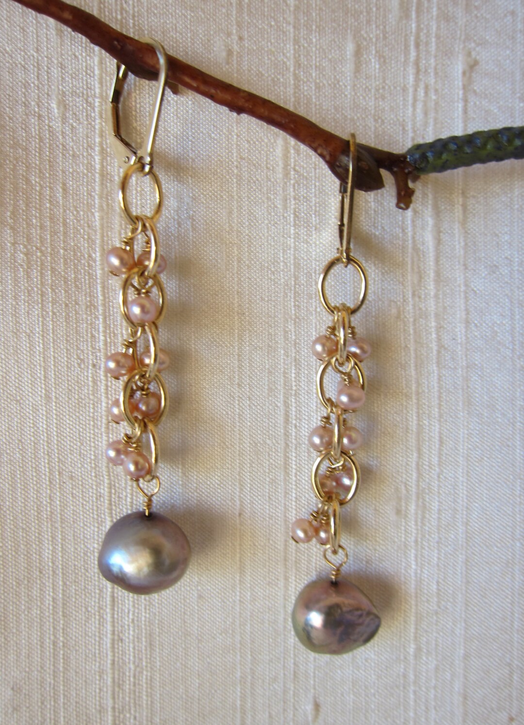Grey and Pink Pearl 14K Gold Filled Handmade Earrings - Etsy