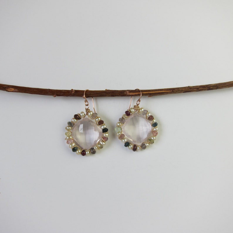Rose Quartz, Tourmaline and Pearl 14K Rose Gold Filled Handmade Earrings image 4