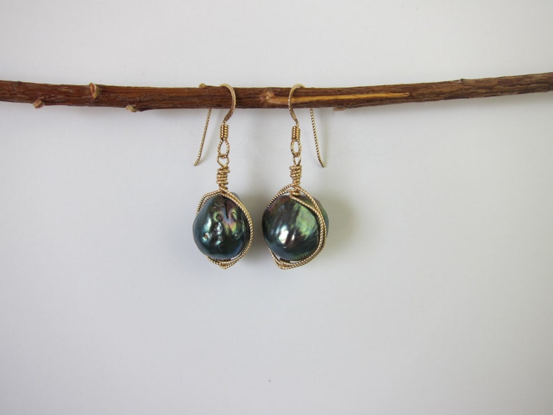 Peacock Baroque Freshwater Pearl 14K Gold Filled Handmade Wire Wrapped Earrings