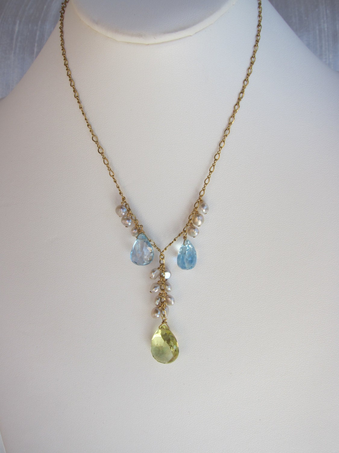 Lemon Quartz Pendant Blue Topaz Pearl Handmade Necklace With | Etsy