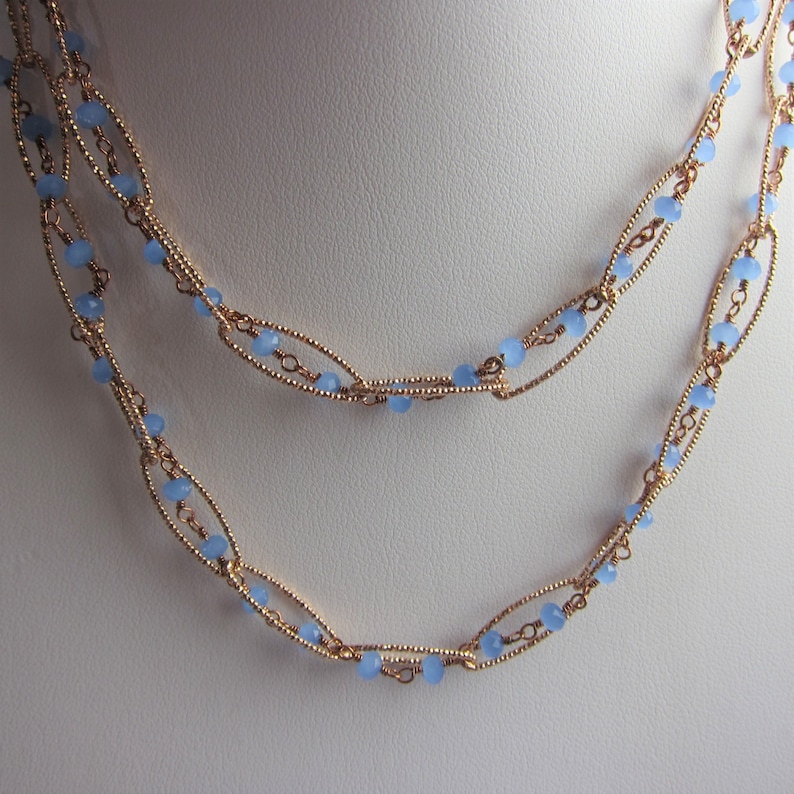 Periwinkle Blue Chalcedony Rose Gold Plated Long Necklace Etsy