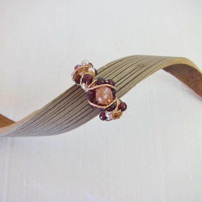 African Sunstone Hessonite Garnet Pink Topaz and Pearl 14K Rose Gold Filled Handmade Gem Wrapped Ring Red Garnet