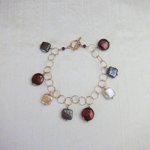 Purple Amethyst, Peacock, Pink and Chocolate Coin Pearl Handmade Bracelet with 14K Rose Gold Vermeil Chain and Toggle Clasp