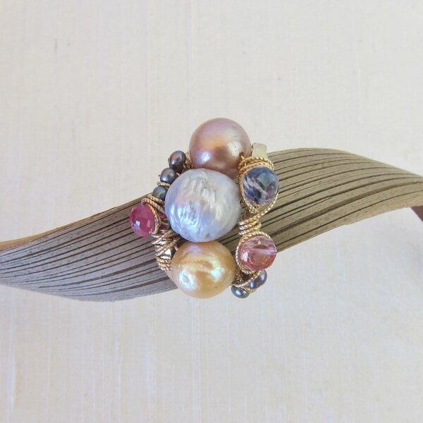 Grey, Pink and Peach Chinese Kasumi Pearls, Pink Sapphire, Blue MysticTopaz and Pink Mystic Topaz 14K Gold Filled Handmade Gem Wrapped Ring