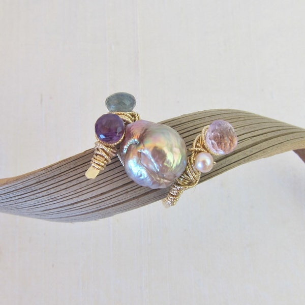 Rainbow Chinese Kasumi Pearl, Moss Aquamarine, Purple Amethyst, Pink Amethyst and Pink Pearl 14K Gold Filled Handmade Gem Wrapped Ring