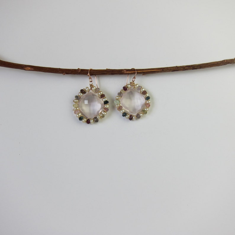 Rose Quartz, Tourmaline and Pearl 14K Rose Gold Filled Handmade Earrings image 2