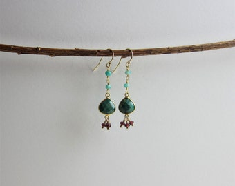 Emerald and Garnet 24K Gold Plated Dangle Earrings