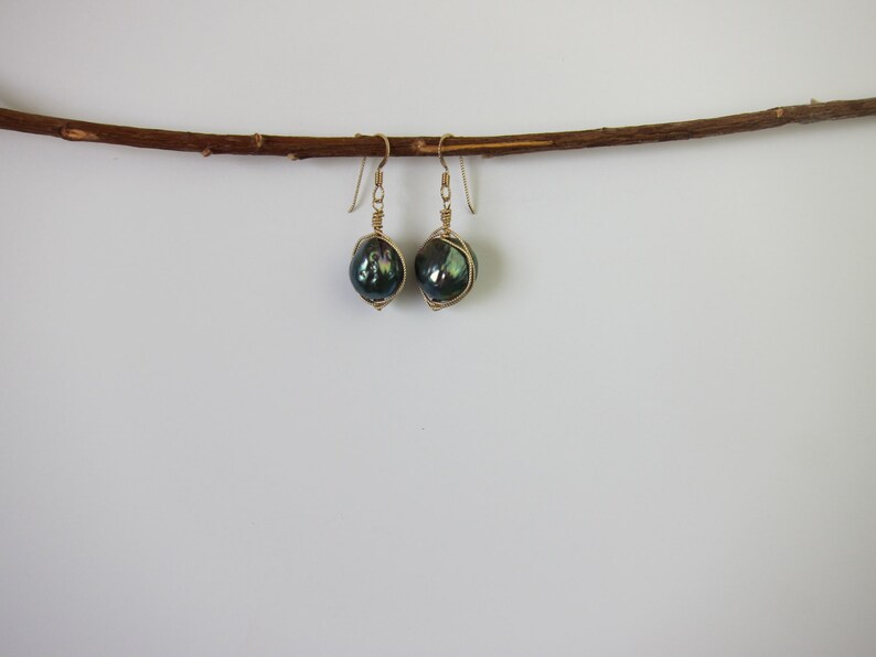 Peacock Baroque Freshwater Pearl 14K Gold Filled Handmade Wire Wrapped Earrings