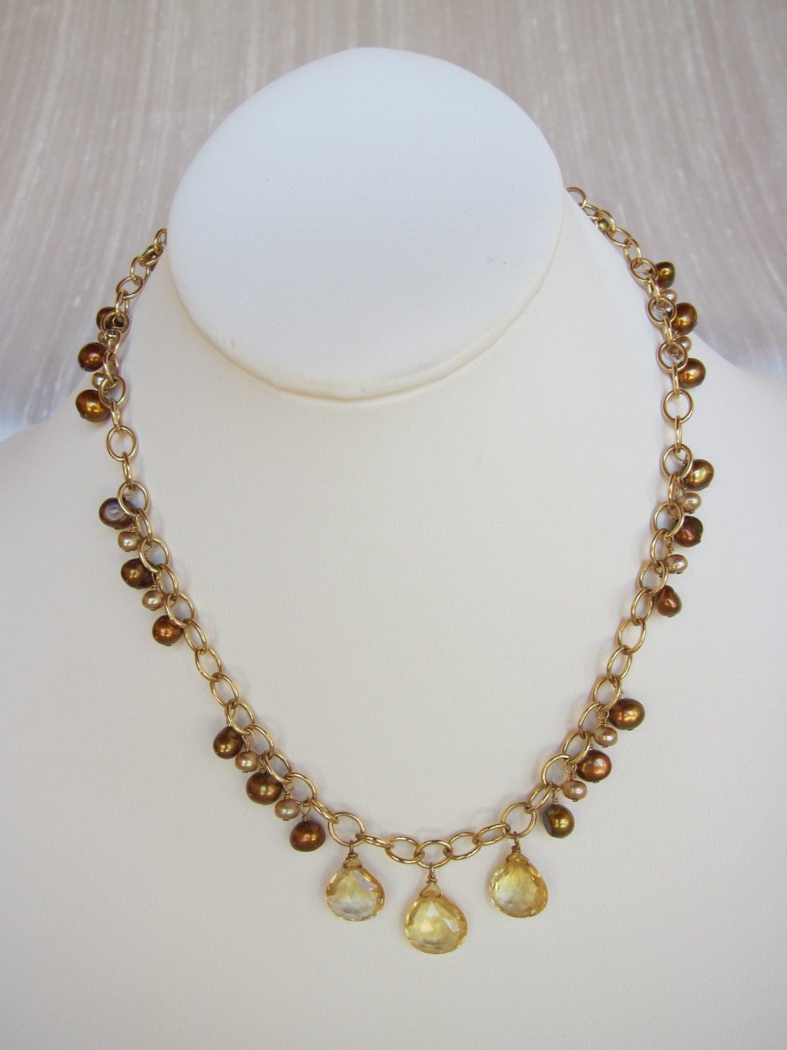Citrine Pendants Bronze and Gold Pearls Handmade Necklace - Etsy