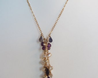 Purple Amethyst, Iolite, Pearl Handmade Lariat Necklace with 14K Gold Filled Chain