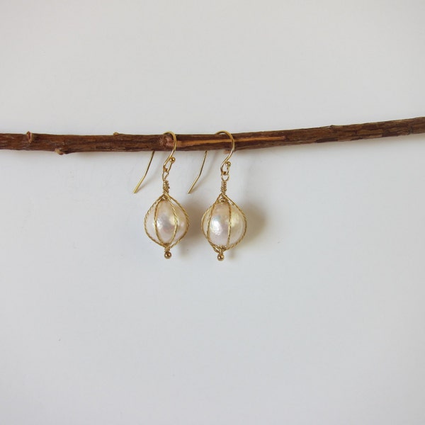 Chinese Kasumi White Pearl 14K Gold Filled Handmade Wire Wrapped Earrings