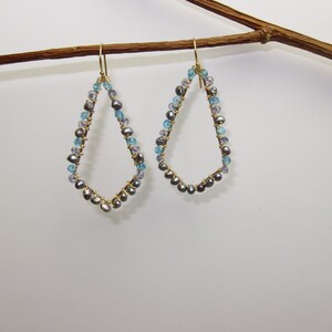 Sky Blue Topaz, Iolite, Grey Pearls, 14K Gold Filled Handmade Gem Wrapped Earrings image 1