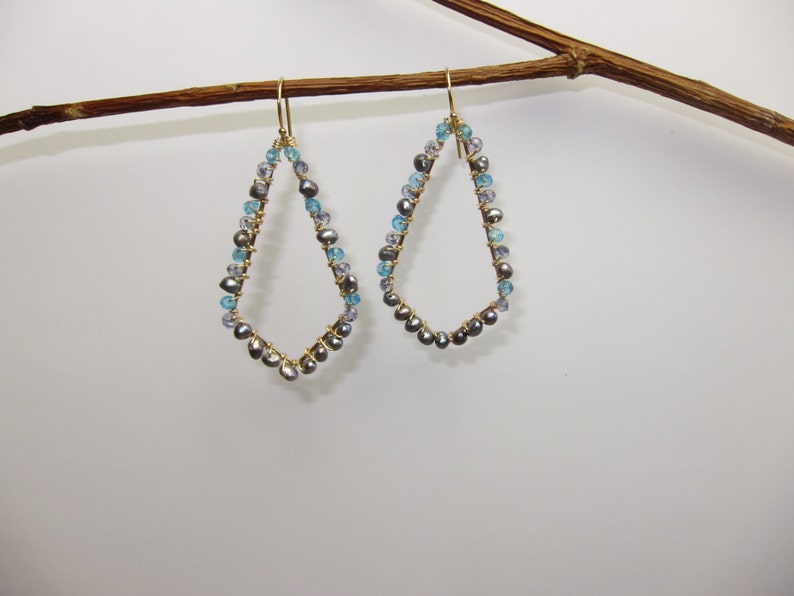 Sky Blue Topaz, Iolite, Grey Pearls, 14K Gold Filled Handmade Gem Wrapped Earrings image 1