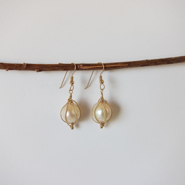 Chinese Kasumi White Pearl 14K Gold Filled Handmade Wire Wrapped Earrings