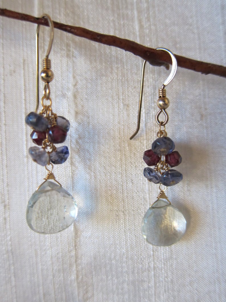 Garnet Green Amethyst Iolite 14K Gold Filled Handmade Earrings