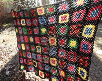 1980s Granny Square Afghan - Bright Multicolored Squares on Black - Farmhouse Chic Decor - Full Size - FREE Shipping -Colorful Retro Vibe