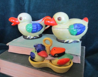 Vintage Luster Ware Duck Kitchen Set - 1950s Japanese Collectibles - Sugar, Creamer and Salt and Pepper Figurines