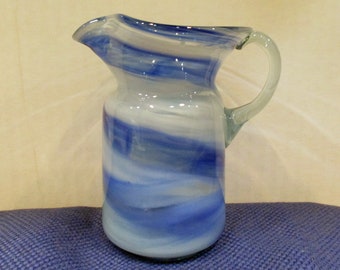 Vintage Art Glass Pitcher - Blue and White Swirl with a Pinkish Hue