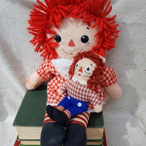 Raggedy Ann and Mini Raggedy Andy 1970&#39;s- Good Condition- Christmas Decor-Original Tags- Vintage Collectible- Bedtime Ann- Doll collection