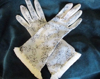 Elegant Ladies Evening Gloves - Black embroidery on Sheer Nylon - Ruffled Edge - X-Small -Circa 1950's