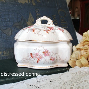 Small Covered Bowl - Aged Ironstone - Pink and BrownTransferware - Burgess & Campbell 1879-1900