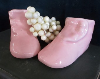 Vintage Pink Pottery Button Baby Shoes: McCoy/USA Style, Unique Pair, Charming Décor & Gift, 2"/3.5", Whimsical Nostalgia! Free US Shipping