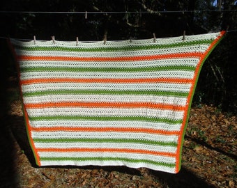 Vintage 1970s Afghan - Avocado Orange Cream Stripes - Retro Granny Chic Decor - Free Shipping - Throwback to the 70s - Handmade - Cottage